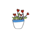 Macro detail of enamel pin showing heart-shaped red flowers and green leaves in a white pot - Blue Rim Heart Flower (C1558-1)