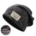 Detail of dark grey knit beanie featuring warm fleece lining and Rock patch - M(56-58cm) / Fleece Lined Style / Fleece Lined Black