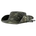 Outdoor jungle camouflage sun hat with wide brim, mountain embroidery and windproof strap - Army Green