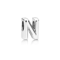 Silver letter N bead charm with polished finish and reflective surface on white background - Letter N / Silver