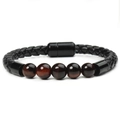 Men's braided black leather bracelet featuring tiger eye stone beads and magnetic buckle - Red Tiger Eye