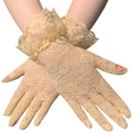 Elegant beige lace gloves with vintage floral patterns and ruffled cuffs for women - One Size / Nude