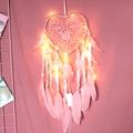 Pink heart-shaped dreamcatcher with feathers, beads, and warm yellow LED string lights - Flesh Pink with Lights