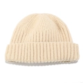 Close-up of beige ribbed knit texture and folded cuff detail on a warm winter beanie - M(56-58cm) / Beige