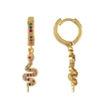 Golden snake hoop earrings with colorful zircon stones on a white background - Snake / Gold