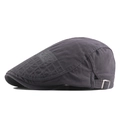 Dark charcoal grey cotton flat cap featuring side embroidery and adjustable metal buckle - Adjustable / Gray