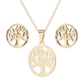 Polished gold Tree of Life hollow pendant necklace and matching stud earrings set - Gold