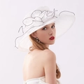 Elegant white organza sun hat with flower decoration and black trim for women - Adjustable / White with Black Edge