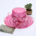 Pink organza sun hat with oversized 3D flower and pearl details for elegant women - Adjustable / Rose Red with Black Edge