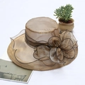 Elegant gold organza sun hat with large floral decoration and black trim for women - Adjustable / Khaki with Black Edge