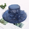Navy blue organza sun hat featuring large floral decoration and beaded accents - Adjustable / Solid Navy Blue