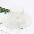 White organza sun hat for women featuring large flower ornament and pearl chain detail - Adjustable / Solid White