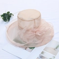 Elegant skin-pink organza sun hat with large floral petals and pearl accents - Adjustable / Solid Pink