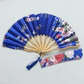 Blue folding fan with floral cherry blossom pattern and matching fabric sleeve - No. 7 Royal Blue