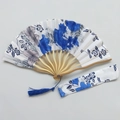 Japanese style white folding fan with blue floral pattern and matching fabric sleeve - No. 15 Porcelain Blue