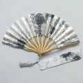 Japanese style hand fan with grey cherry blossom pattern, matching pouch and tassel - No. 11 Gray