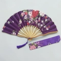 Japanese style folding fan in purple with cherry blossom patterns and matching pouch - No. 12 Purple