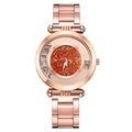 Women's rose gold watch with glittery orange dial and moving rhinestones in metal band - Brown