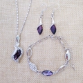 Detailed set of silver crystal jewelry including purple teardrop necklace and earrings - Silver Dark Purple