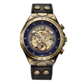 Nahaufnahme einer mechanischen Vintage-Steampunk-Skelettuhr mit Bronzegehäuse und Lederarmband - s076 Stil / Schwarz