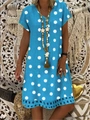 Blue V-neck polka dot dress with short sleeves and white lace hem details - S / Blue