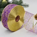 Purple organza Christmas ribbon with gold glitter swirls and metallic edge for gift wrapping - 6.3cm Purple
