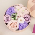 Pink and purple soap flower round gift box with roses, carnations and pearls - 16.2x16.2x8.2cm / Purple