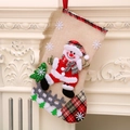 Calcetín navideño de yute con muñeco de nieve de peluche y detalles de cuadros rojos - Muñeco de nieve