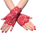 Elegant red lace fingerless gloves with floral rose patterns for summer sun protection - One Size / Burgundy
