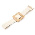 Beige woven elastic waist belt with wood-style square buckle for a casual fashion look - 905 Beige (Bamboo Square Buckle)
