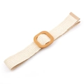 Beige elastic woven belt with square wood-texture buckle and brown leather end tips - Square Wood Buckle / 903 Beige
