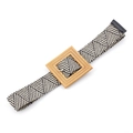 Women's black and white woven belt with a brown square rattan style buckle - 905 Black & Beige (Bamboo Square Buckle)