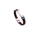 Close-up of brown braided leather bracelet with a polished silver metal plate and clasp - Coffee