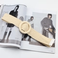 Bohemian elastic woven straw belt with a round wooden buckle on a fashion magazine - Round Pinless Wood Buckle / White