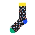 Chaussettes noires avec motifs cubes géométriques 3D colorés et revers jaunes vifs - Noir avec Motif Cubes Géométriques Colorés