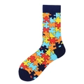 Wadenhohe Baumwollsocken mit bunten Puzzle-Mustern in Blau-, Rot- und Gelbtönen - EU 38-44 / Buntes Puzzle (1)