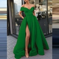 Elegant emerald green off-the-shoulder satin maxi dress with high waist and side slit - S / Dresses / Green