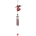 Detail view of red angel metal wind chime with colorful glass painting and hanging tubes - Red Angel (Wind Chime Tubes)
