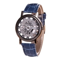 Fashion skeleton quartz watch with black case and blue crocodile leather strap - Gunmetal Face Blue Strap