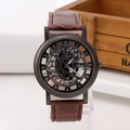 Fashion skeleton quartz watch with brown leather strap and roman numeral dial - Gunmetal Face Brown Strap