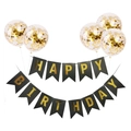 Black and gold Happy Birthday banner set with transparent sequin balloons for party decor - Gold Confetti Balloons With Black Banner