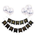 Black and gold Happy Birthday banner set with five sparkling sequin balloons - Silver Confetti Balloons With Black Banner