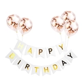Happy Birthday banner with gold letters and 5 rose gold confetti filled balloons - Rose Gold Confetti Balloons With White Banner