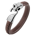 Braided brown leather bracelet for men featuring a silver stainless steel snake head clasp - Coffee