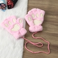Simpatici guanti senza dita in peluche zampa di gatto rosa con cordino, scaldamani. - Rosa