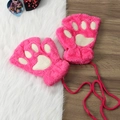 Cute pink plush half-finger cat bear paw gloves for women winter warm fingerless mitts. - Rose Red