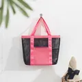 Pink and black mesh beach tote bag with a zipper front pocket for travel storage - Rose Red