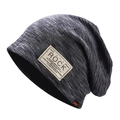 Close-up of heathered dark grey knit slouchy beanie featuring a Rock patch and orange label - Regular Navy Blue