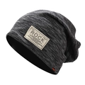 Detail of gray knitted beanie with vintage Rock patch and warm thick fabric texture - Regular Black