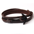 Bracelet multicouche en cuir marron foncé avec fermoir ancre en métal noir pour homme - Cuir Café - Ancre Noire